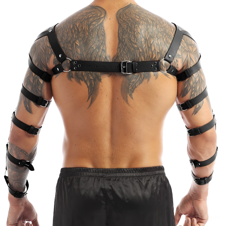 Gothic leather shoulder arm harness back view showing rear adjustable belt and wing tattoo model