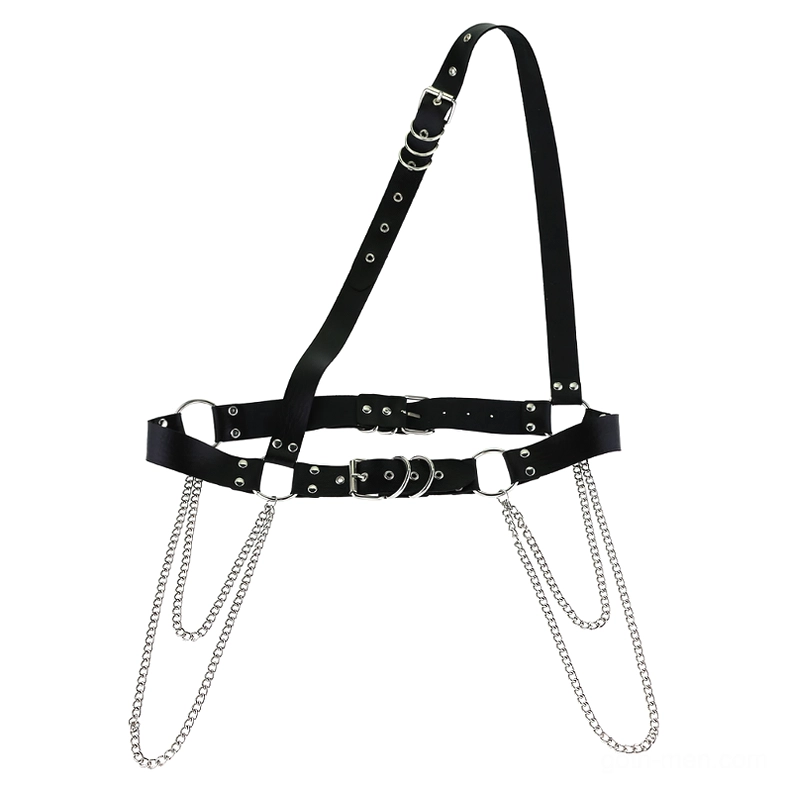 Flat lay view of black PU leather harness belt showing silver chain tassels, buckles, and complete construction