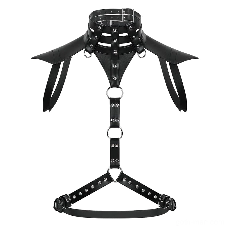 Flat lay side view of faux leather harness showing shoulder pads and adjustable waist straps