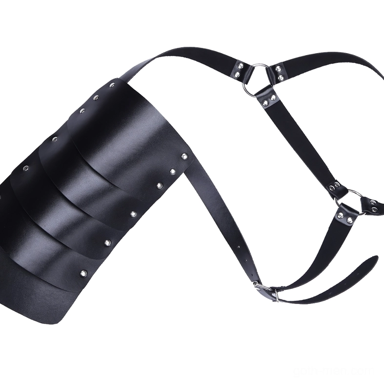 Faux leather gothic chest harness flat lay structure view showing complete harness design with metal D-rings and buckles