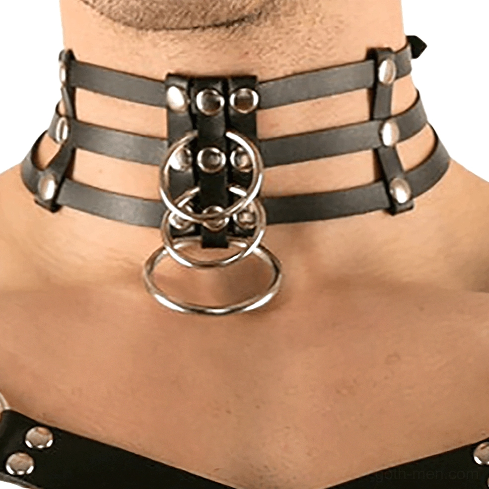 Multi-layer gothic neck collar close-up with stacked metal D-rings and rivet decorations