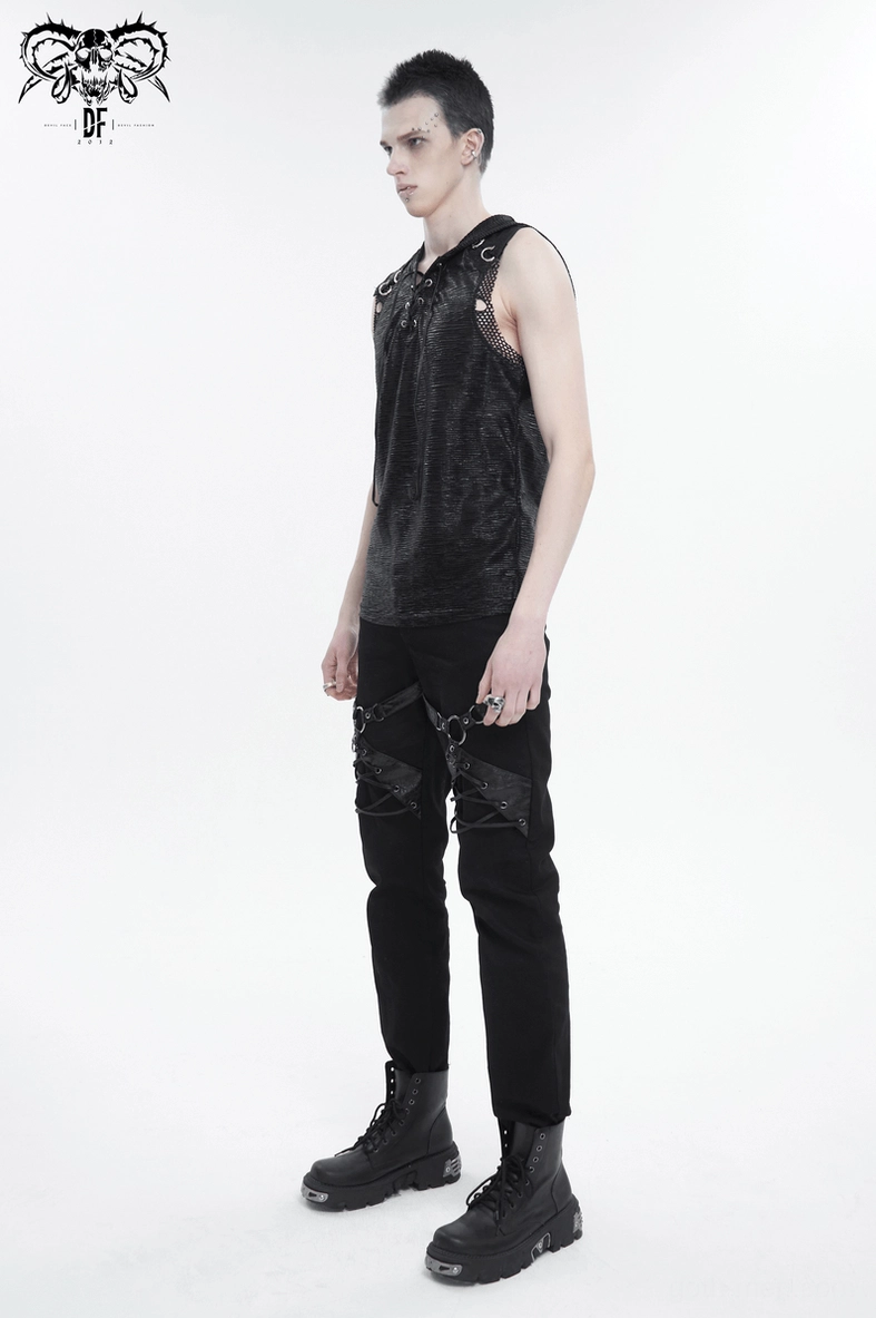 Black leather harness gothic pants detail view of O-ring and lacing system functionality