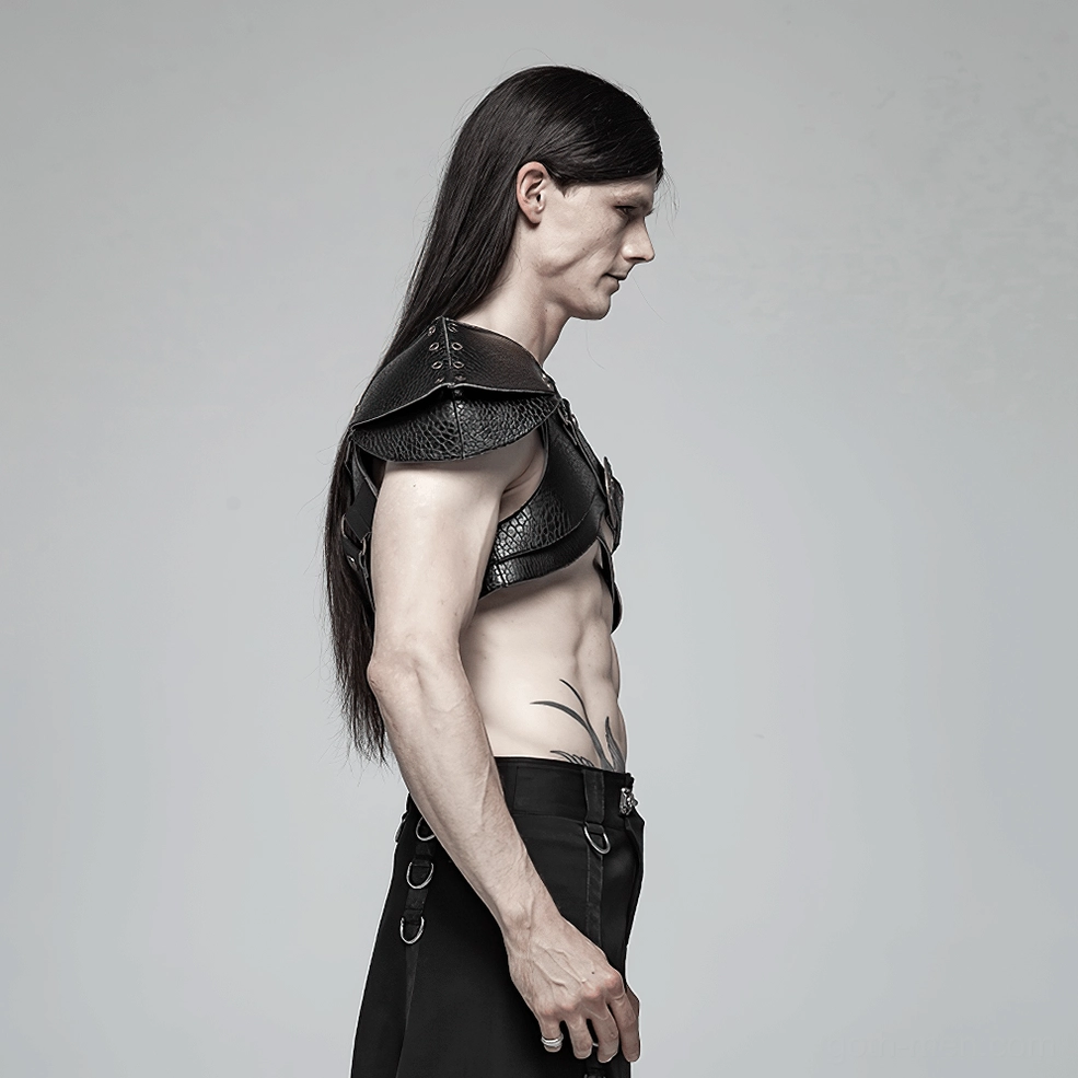 Gothic PU leather harness showing pebbled finish and vintage bronze hardware attachment points