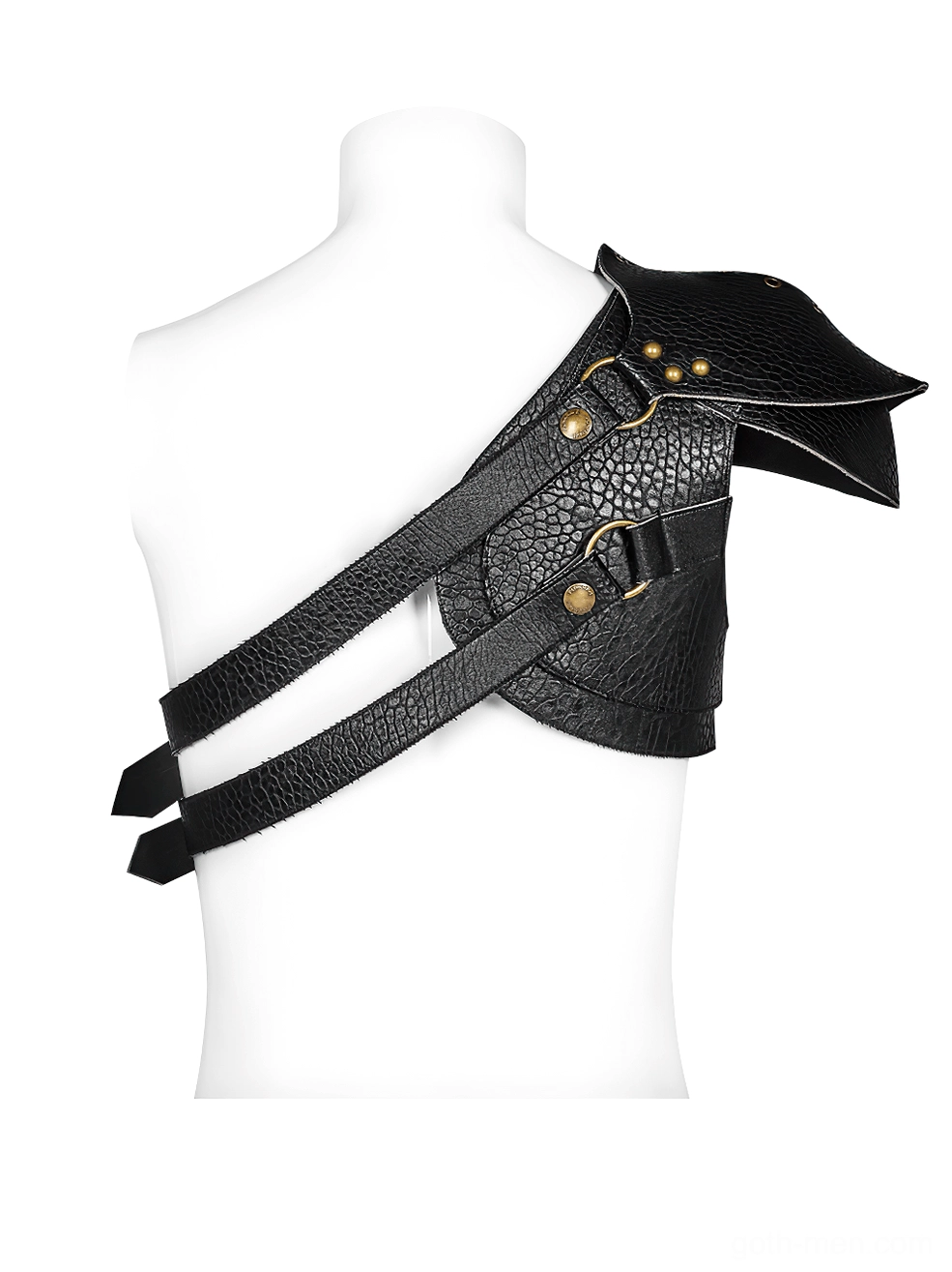 Black gothic leather harness rear three-quarter view displaying bronze buckle adjustments and cross straps