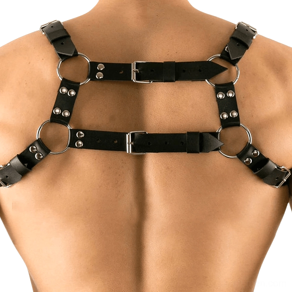 Rear detail view of gothic harness straps showing adjustable buckles and metal ring hardware