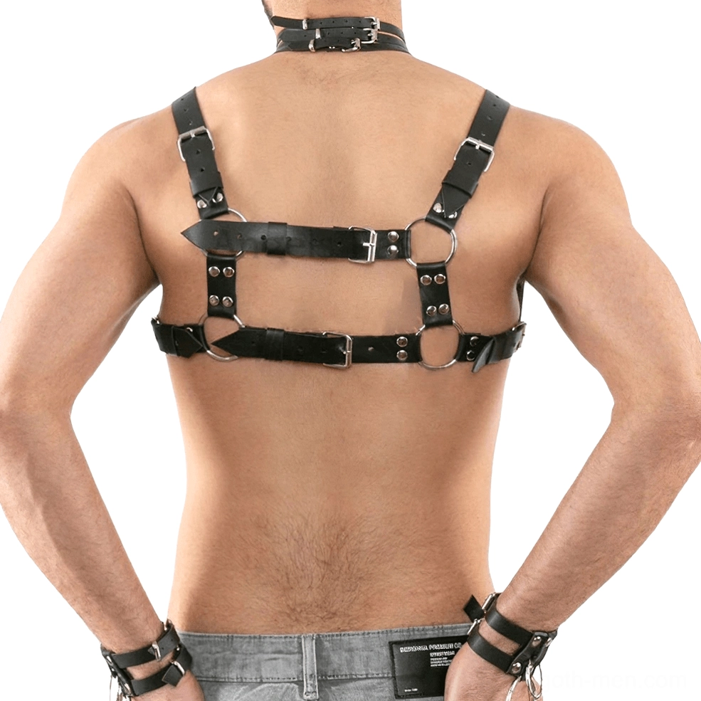 Rear view of gothic leather harness showing adjustable back straps and metal buckle hardware