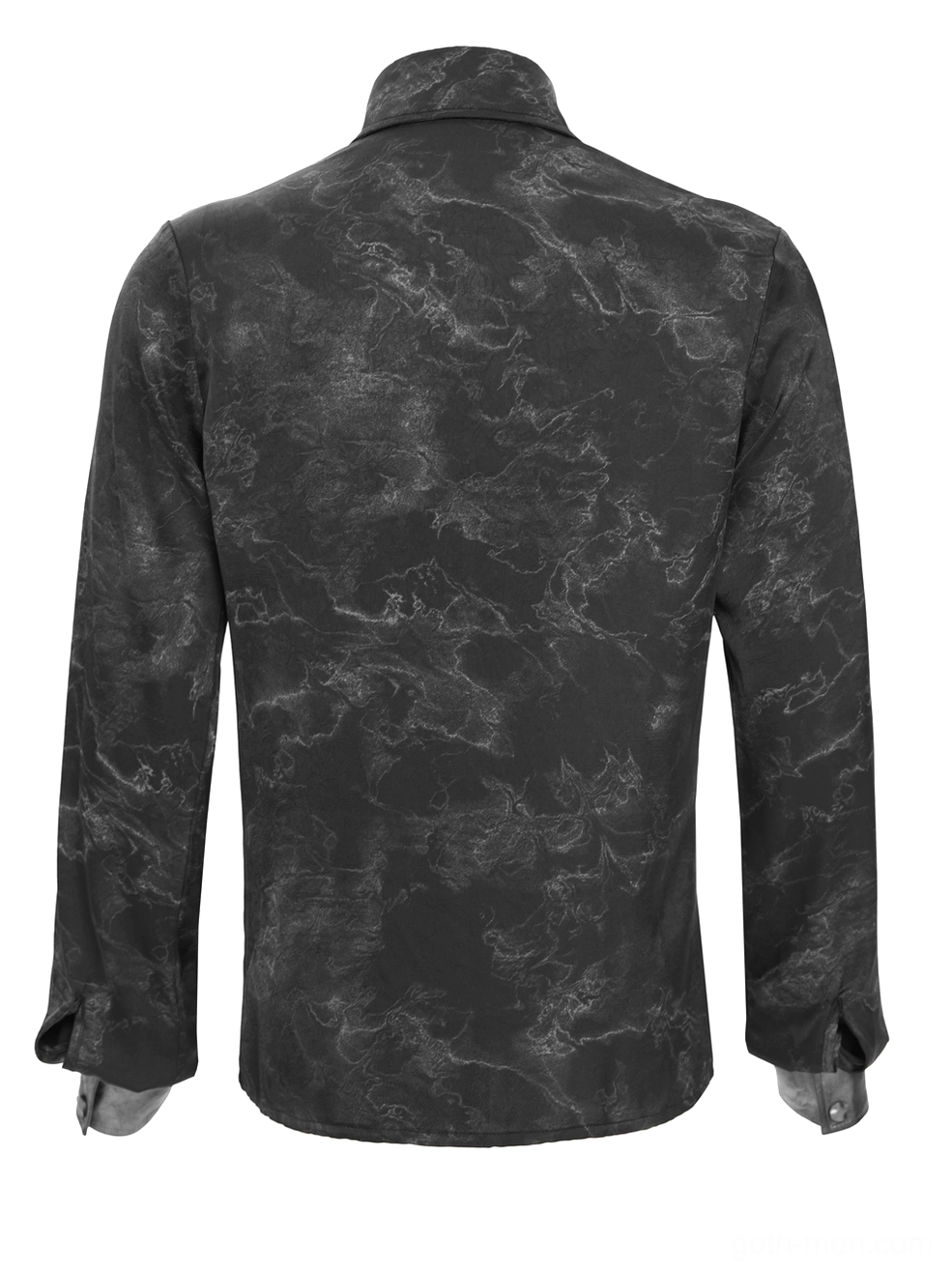 Back full-body view of mannequin in black gothic harness button-up shirt with marbled fabric finish