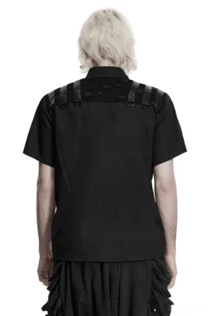 Black gothic harness shirt back view showing D-ring shoulder straps and back harness system detail