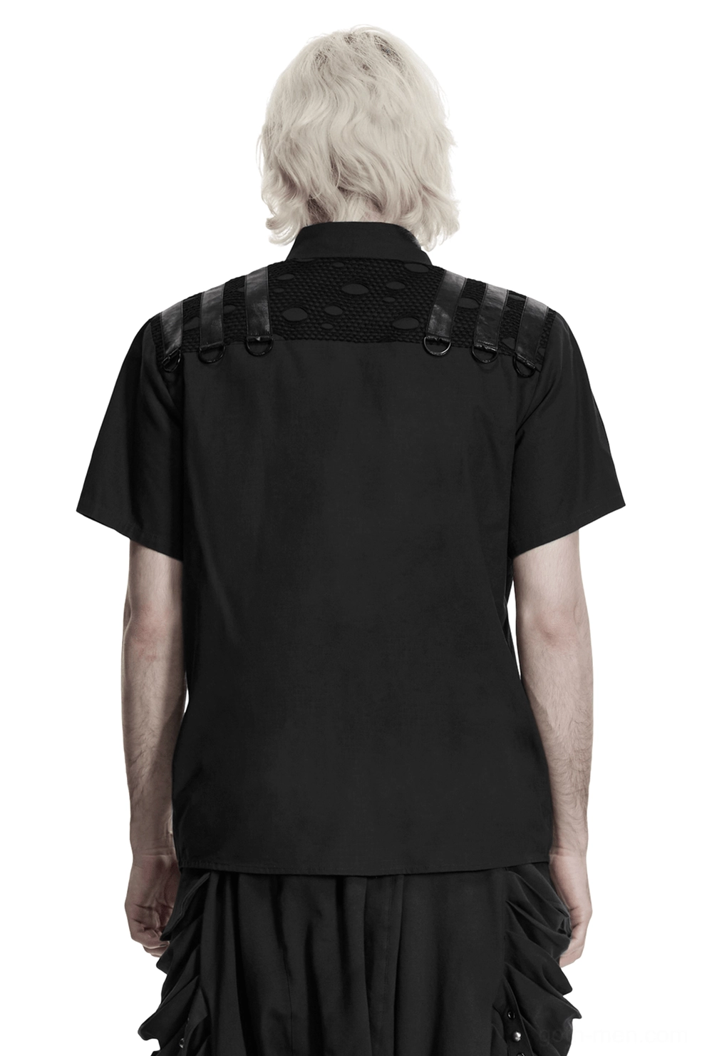 Black gothic harness shirt back view showing D-ring shoulder straps and back harness system detail