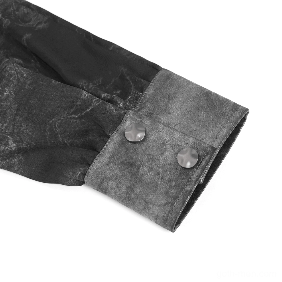 Button and cuff detail of black gothic harness shirt with long sleeves