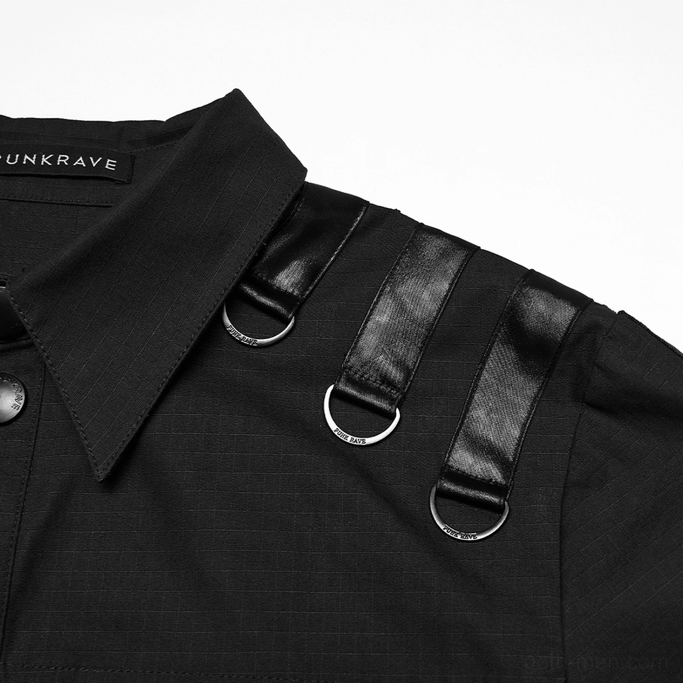 Close-up detail of gothic harness shirt collar and D-ring hardware with brand labeling