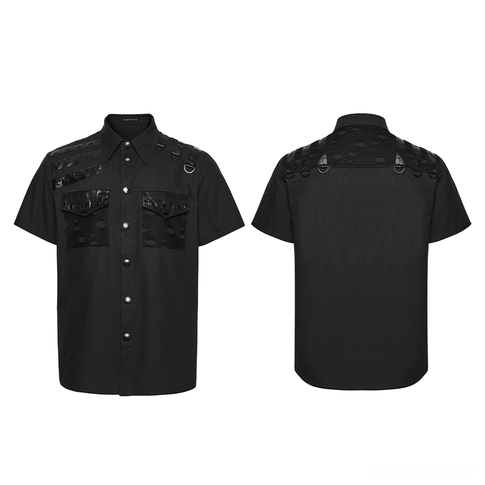Black gothic D-ring harness shirt flat lay front and back view - industrial metal hardware details