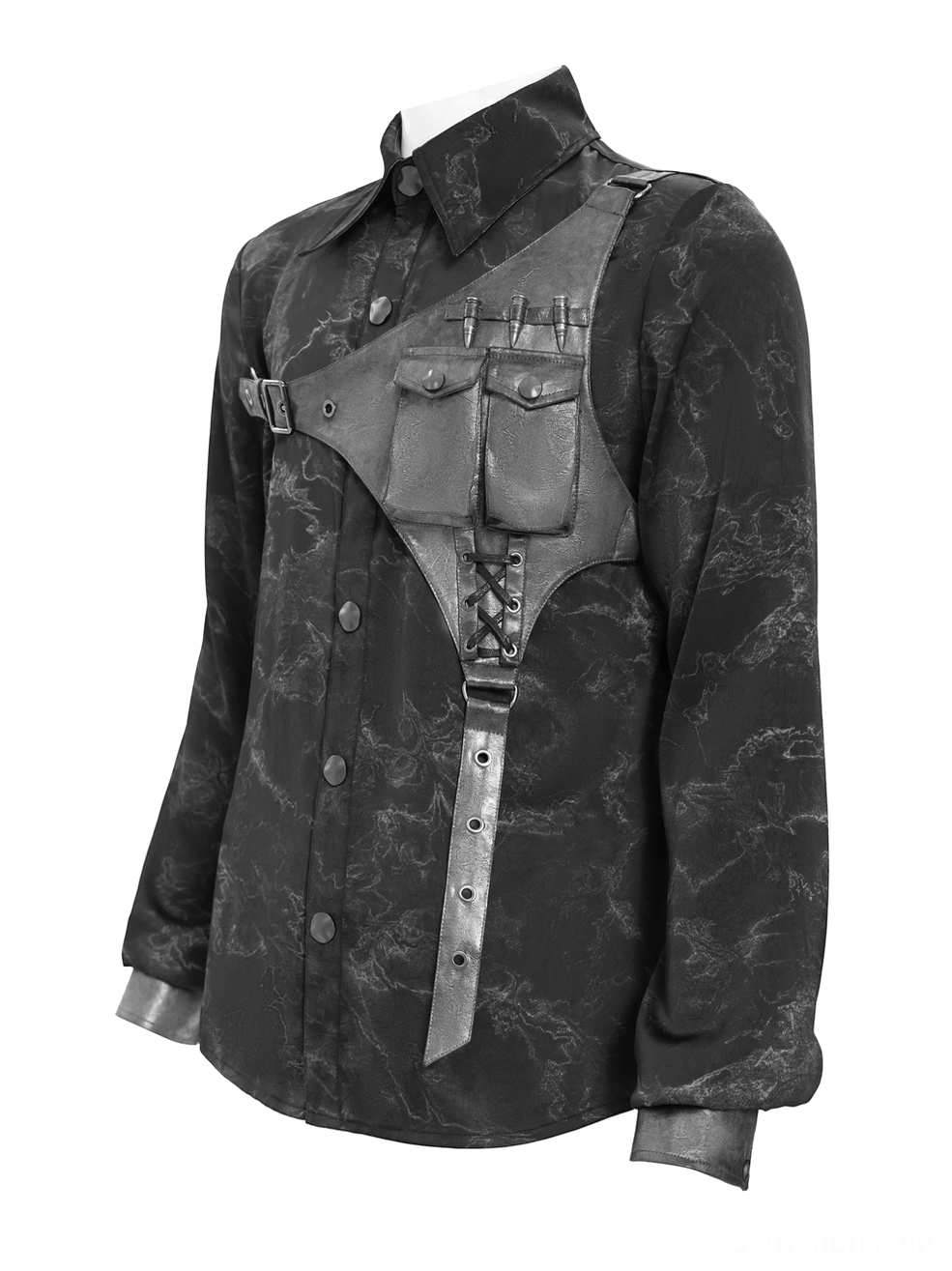 Left front three-quarter view of marbled black gothic harness shirt with lace-up PU leather detail
