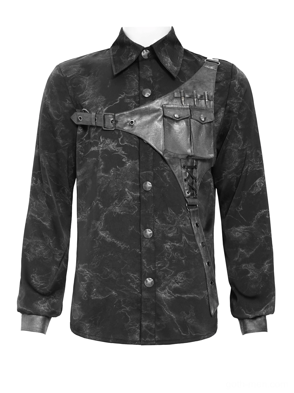 Mannequin three-quarter front view of black gothic harness shirt featuring PU leather chest harness with pockets