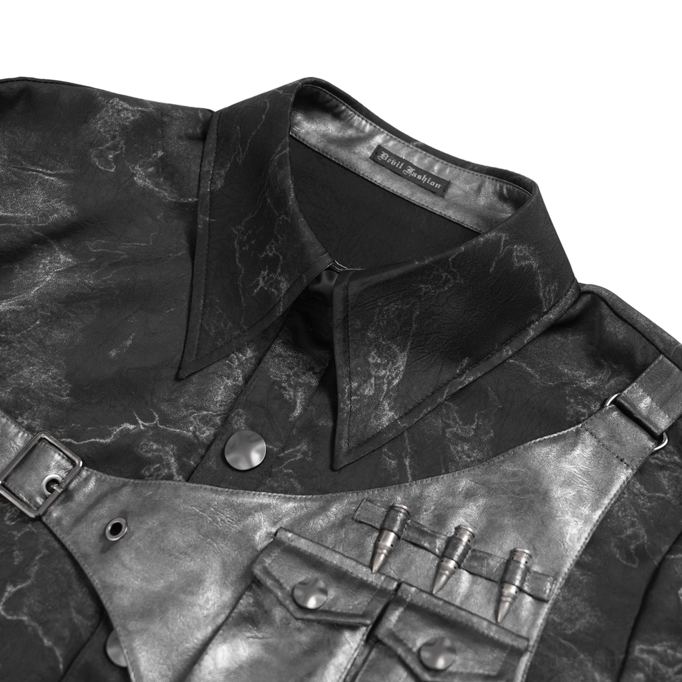 Close-up detail of PU leather harness with metal round buttons and marbled black fabric texture