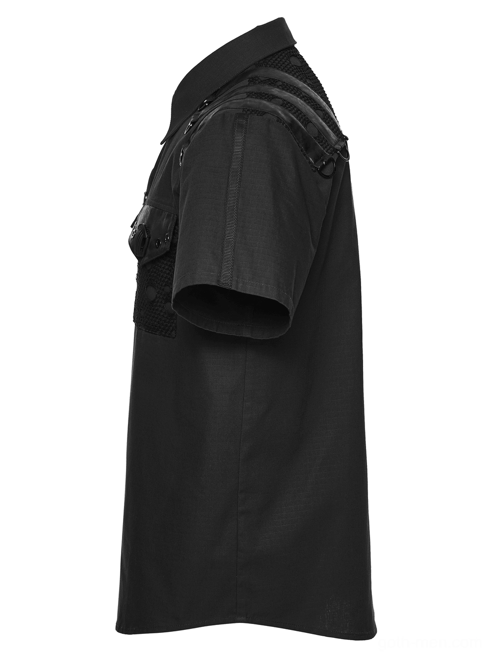 Black gothic harness shirt side view flatlay - tactical shoulder structure and metal D-ring hardware