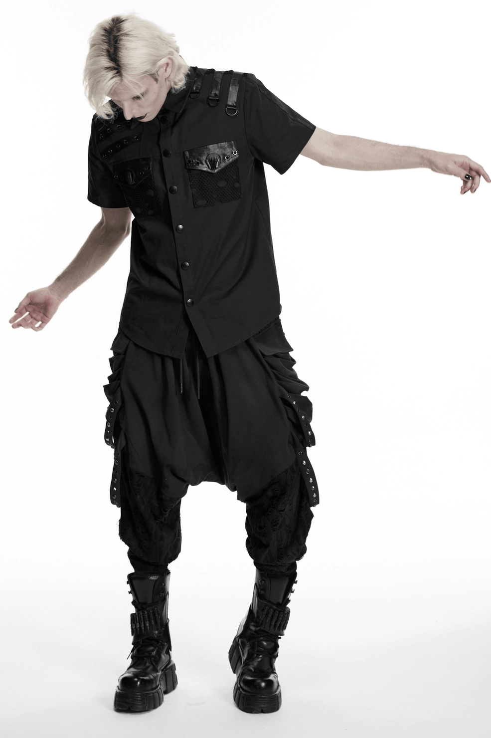 Black gothic harness shirt full body styled look - alternative fashion statement piece