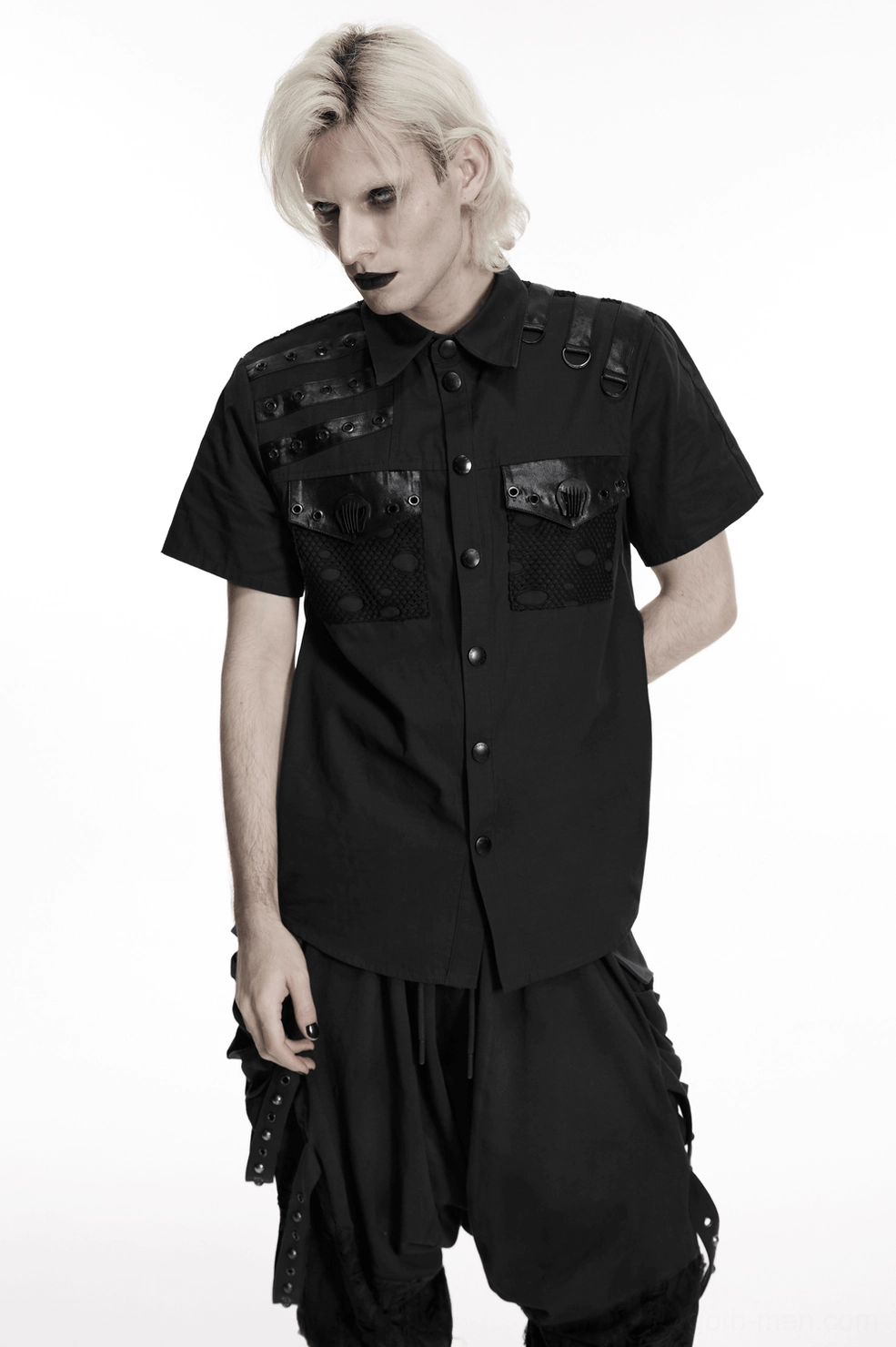 Black gothic harness shirt three-quarter view - showing distressed aesthetic and complete silhouette