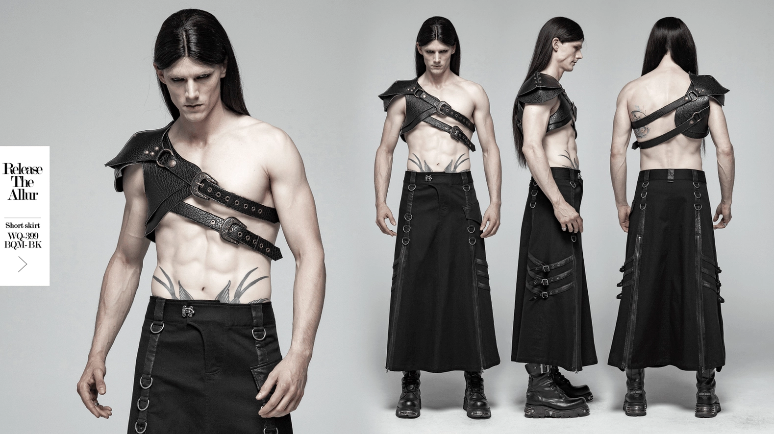 Punk gothic leather shoulder armor harness on mannequin showing adjustable strap holes and buckle positioning