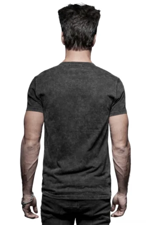 Alternative punk rock t-shirt rear view showing solid black design and crew neckline