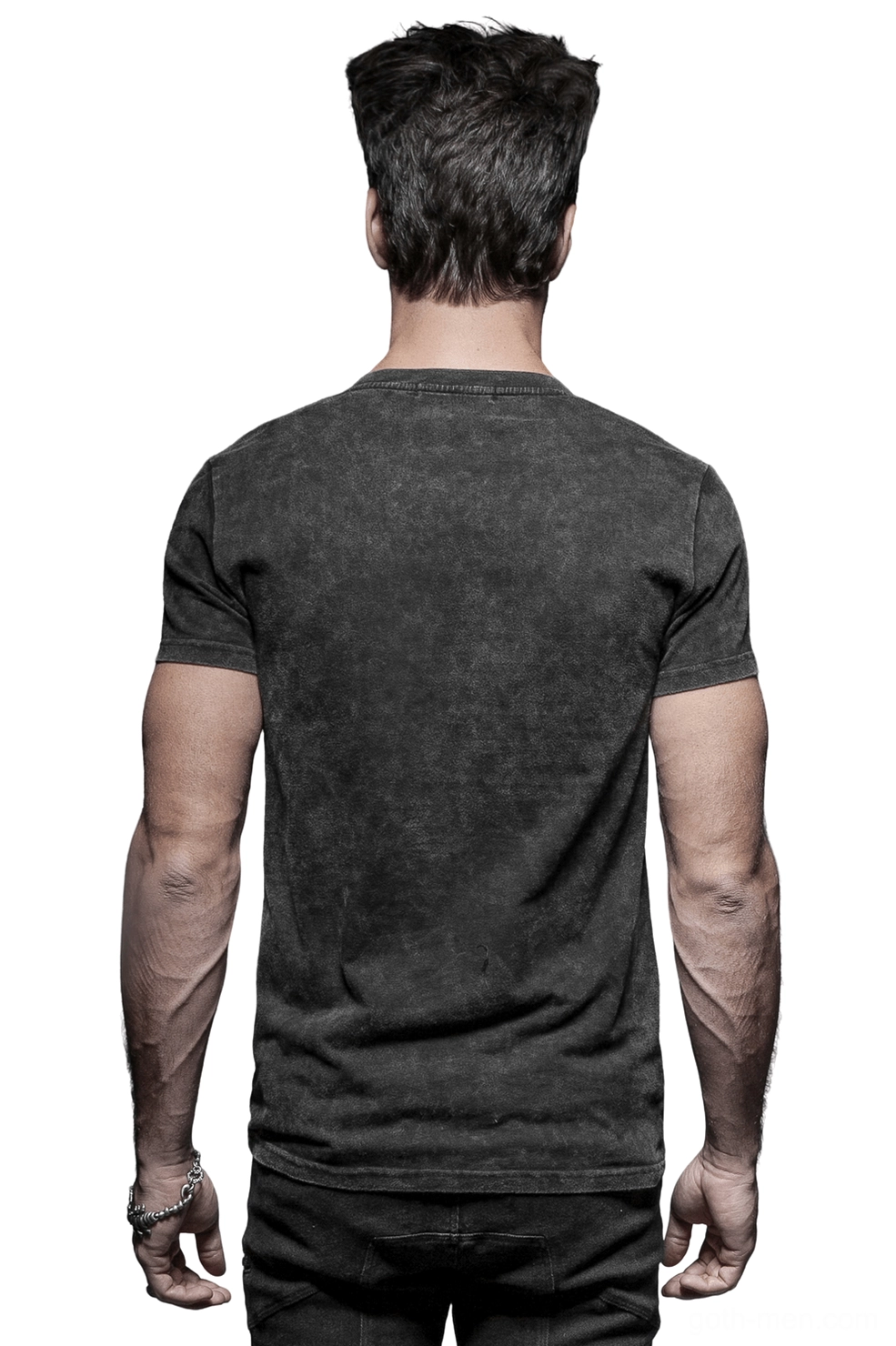 Alternative punk rock t-shirt rear view showing solid black design and crew neckline