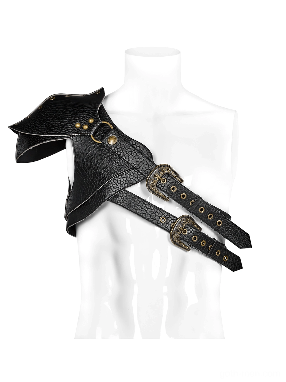 Punk gothic armor harness three-quarter front view on mannequin with pebbled leather texture