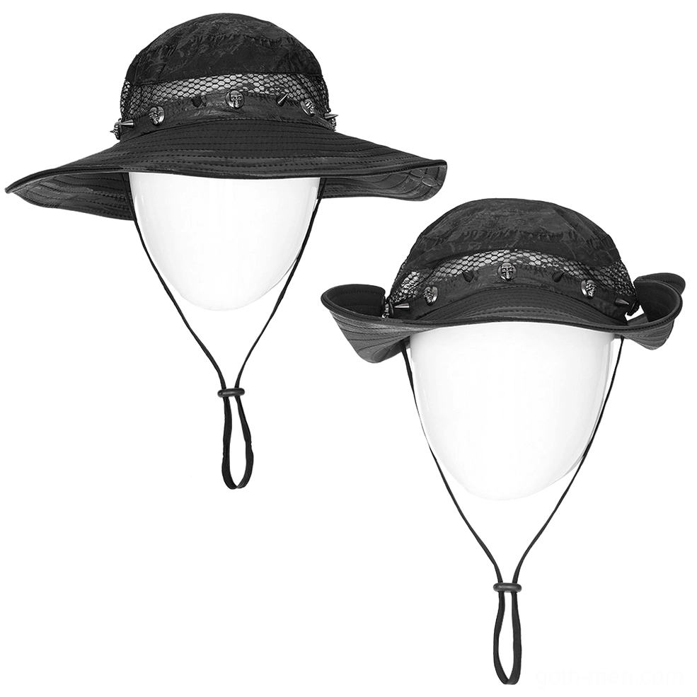 Two styles of black gothic sun hats with mesh panels and metal trims displayed on mannequin heads from front view