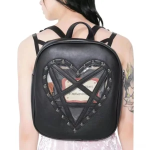 Gothic backpack back view on model, showcasing black PU leather construction, heart-shaped pentagram window, and detailed stud work, worn with pink dress