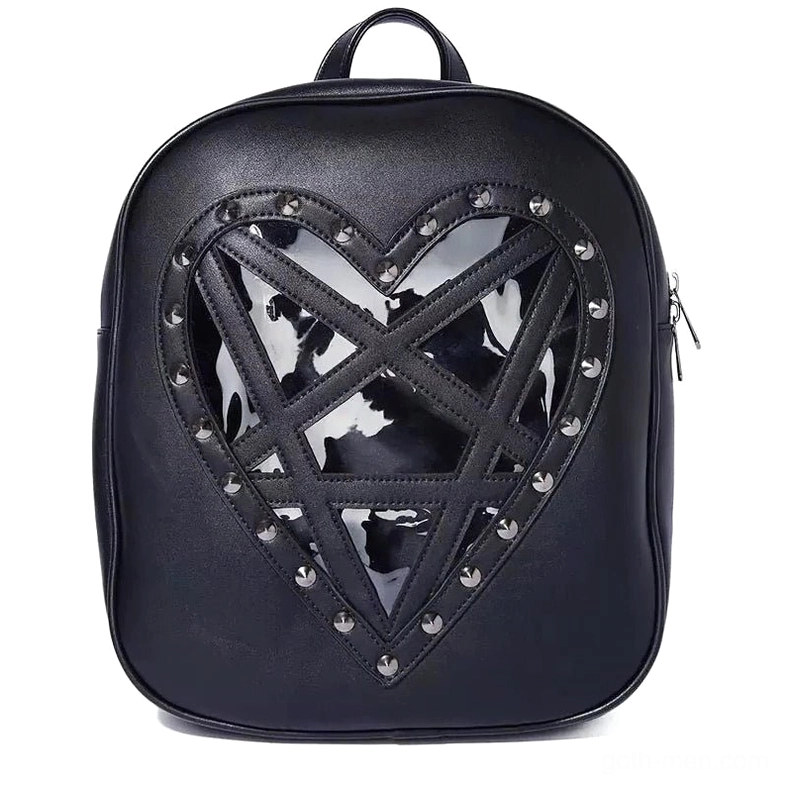 Flat lay product shot of black gothic heart backpack with studded pentagram frame, zipper closure, and metal hardware details on white background
