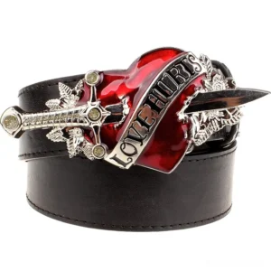 Black leather gothic belt with silver heart and dagger buckle 'Love Hurts' design, three-quarter front view