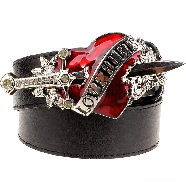 Black leather gothic belt with silver heart and dagger buckle 'Love Hurts' design, three-quarter front view