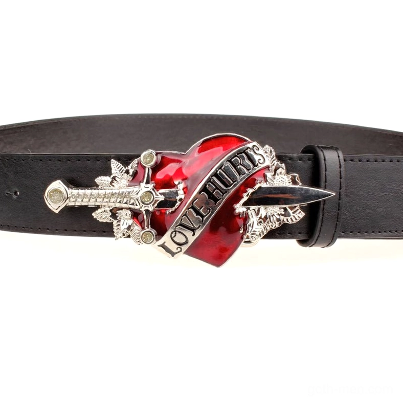 Black gothic belt flat lay top view, decorative leather strap with heart and dagger buckle