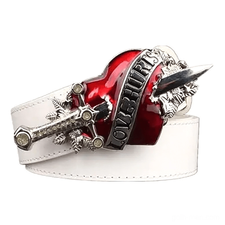 White leather gothic belt with silver heart dagger buckle, alternative fashion statement piece