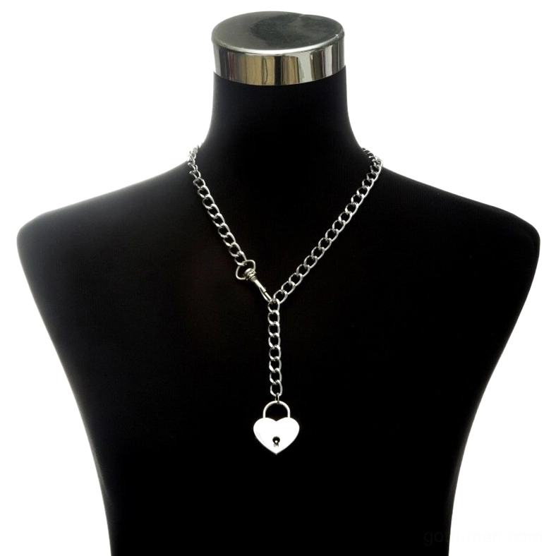 Heart-shaped padlock gothic choker pendant, silver Y-lariat chain design, full front view on black mannequin