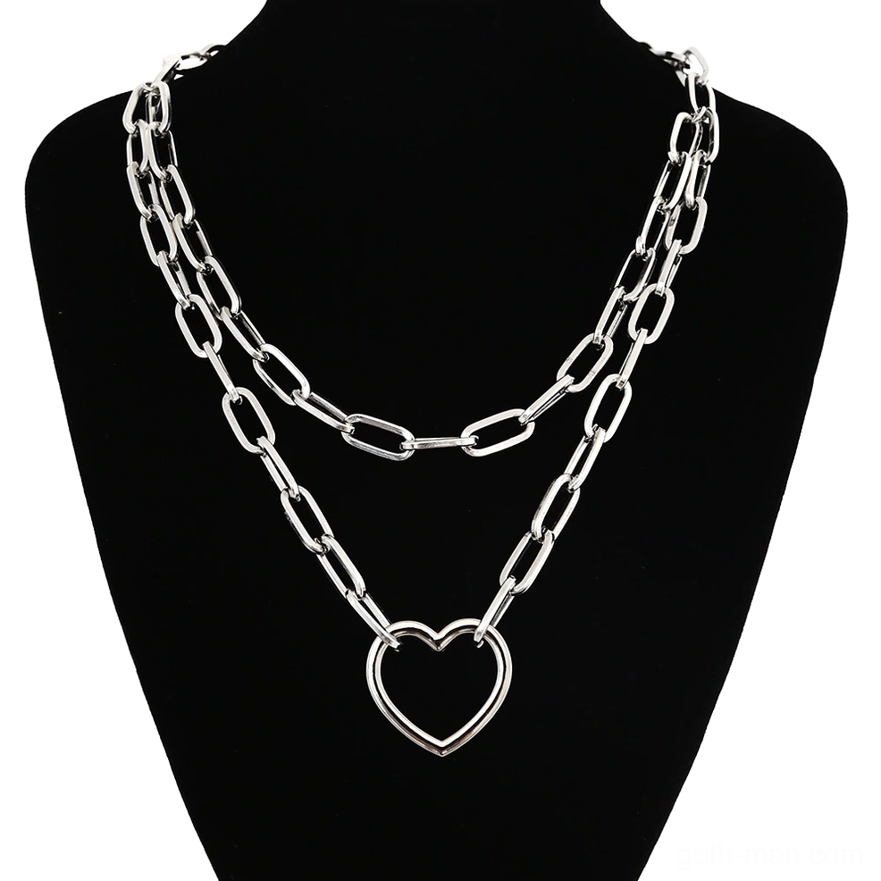 Double layer heart pendant chain necklace on black mannequin, gothic heart charm with paperclip link chain design