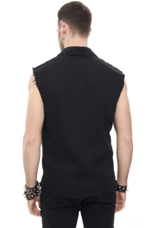 Gothic punk sleeveless tank top rear view showing solid black back and frayed hemline on male model