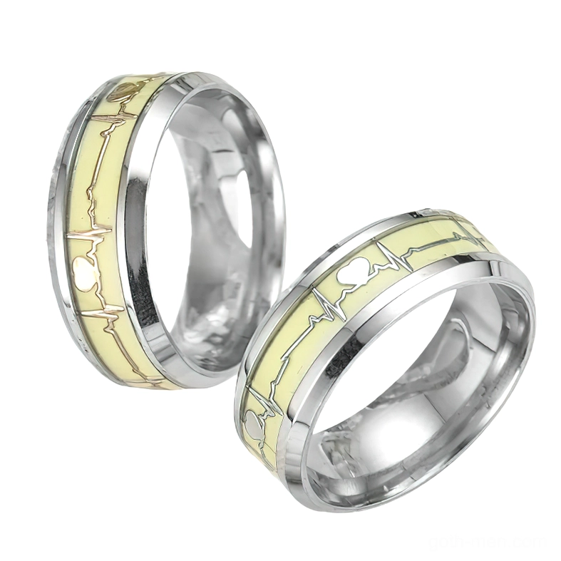 Couple's stainless steel ECG heartbeat rings, polished silver metal bands, side oblique angle
