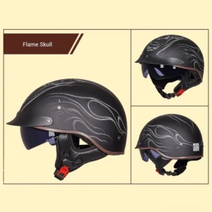 Multiple angles of dark flame motorcycle helmet showing different perspectives and red quick-release buckles with DOT certification