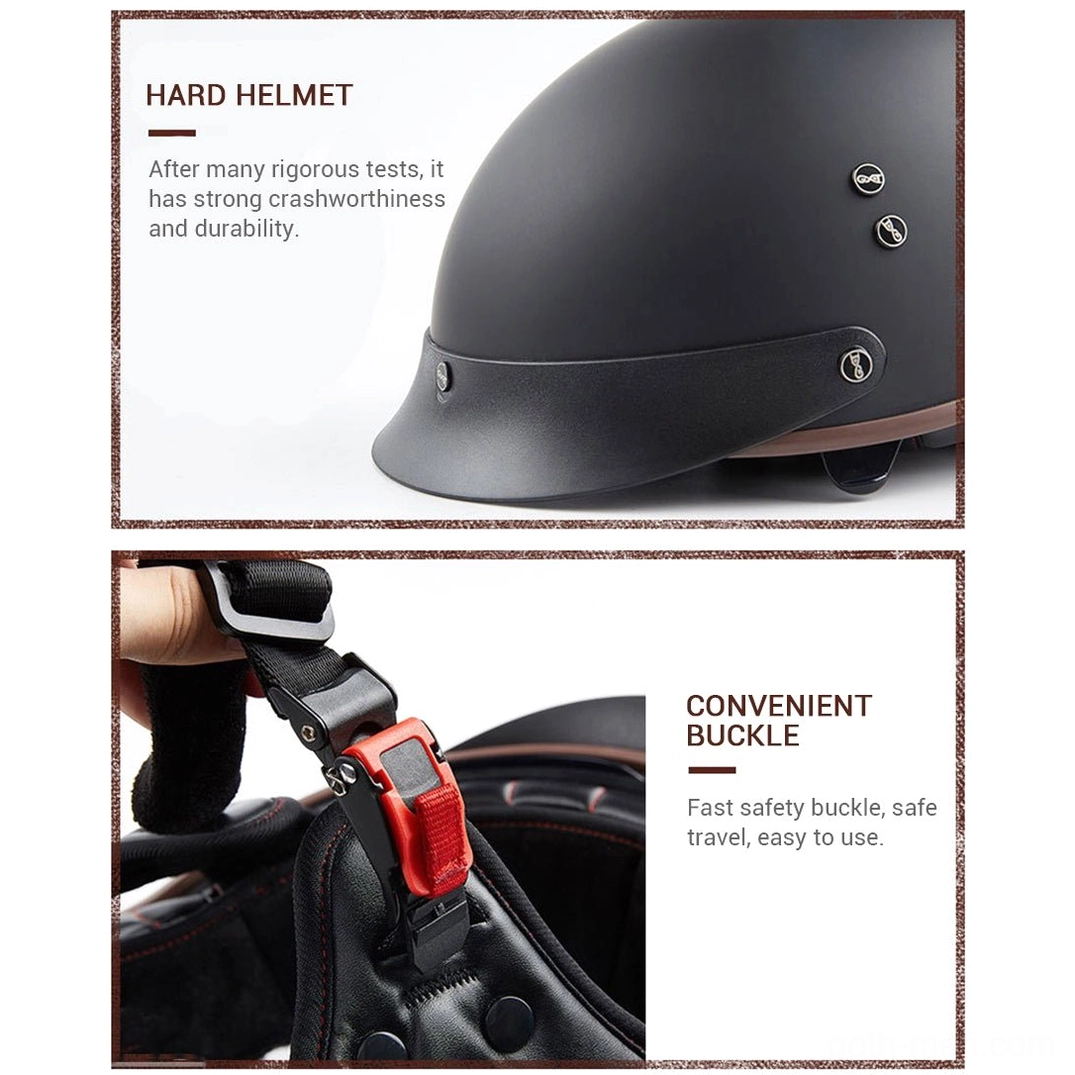 Half-face biker helmet close-up showing reinforced rivets and quick-release safety buckle mechanism
