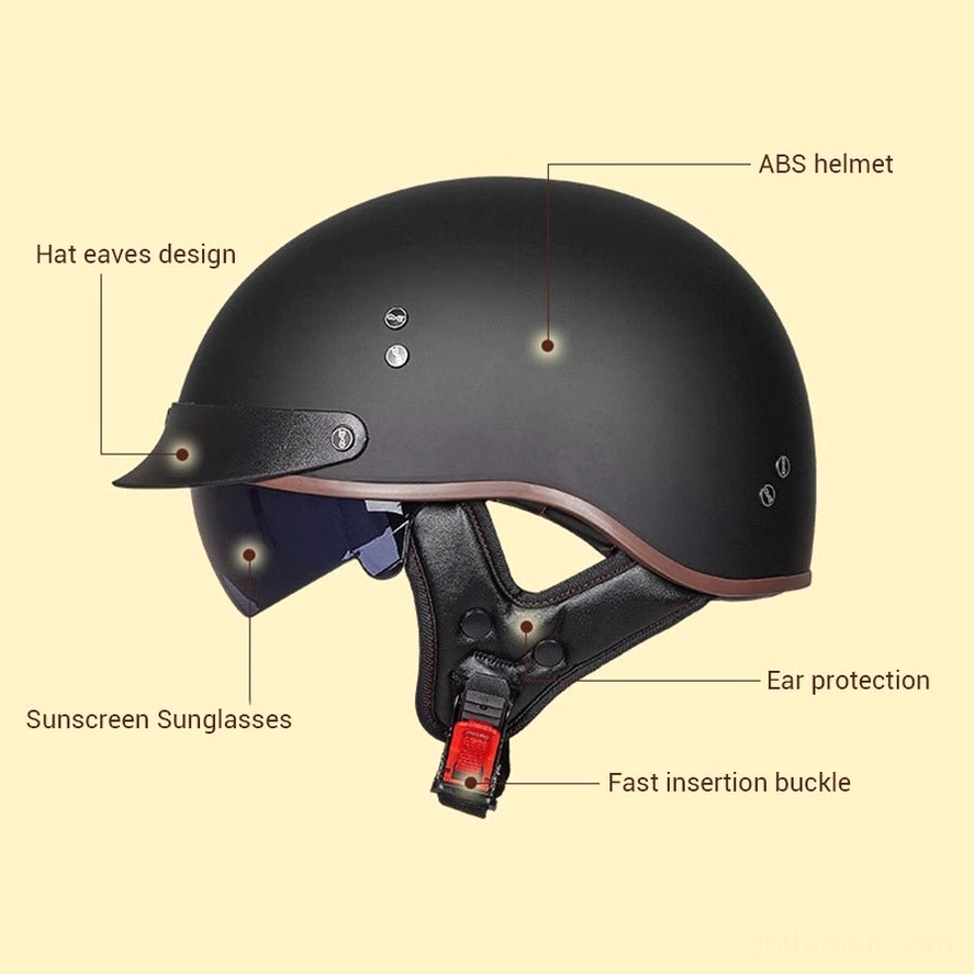 Black half-face biker helmet side profile showing ABS durable shell construction and ear padding