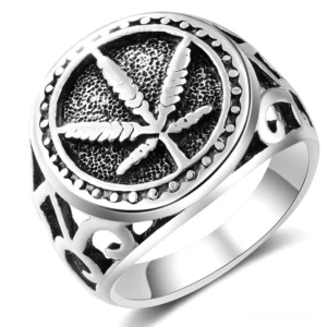 Gothic hemp leaf signet ring silver biker statement ring front view with embossed plant motif
