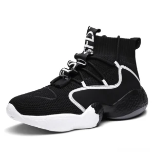 Black gothic high-top lace-up sneaker with white trim and thick black-white segmented outsole, left side view studio shot