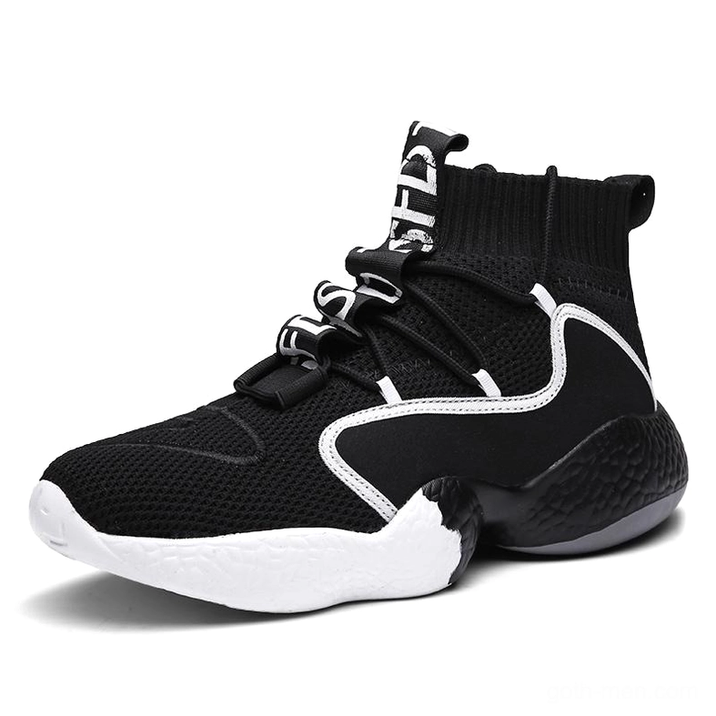 Black gothic high-top lace-up sneaker with white trim and thick black-white segmented outsole, left side view studio shot