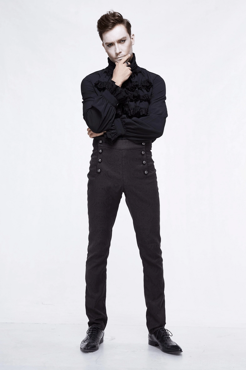 Gothic high-waist slim-fit black vintage button pants full front view, featuring dual decorative buttons and tailored silhouette