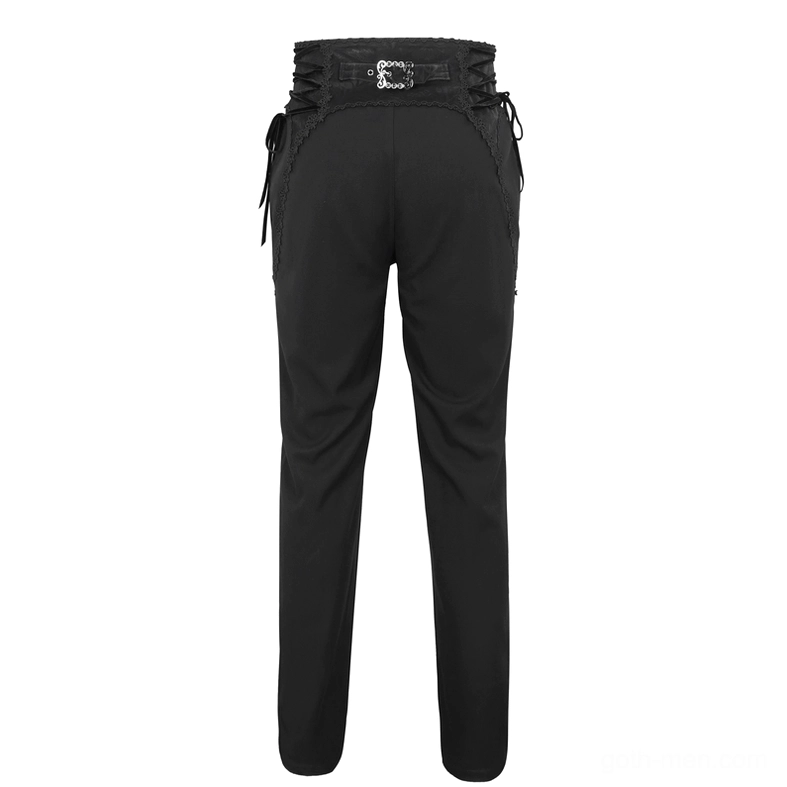 Black gothic slim-fit pants rear flat lay display revealing decorative waist hardware and side pocket integration