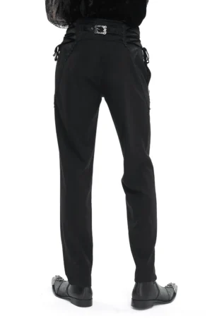 Black gothic slim-fit pants rear view showcasing decorative waist buckle and tapered straight leg silhouette