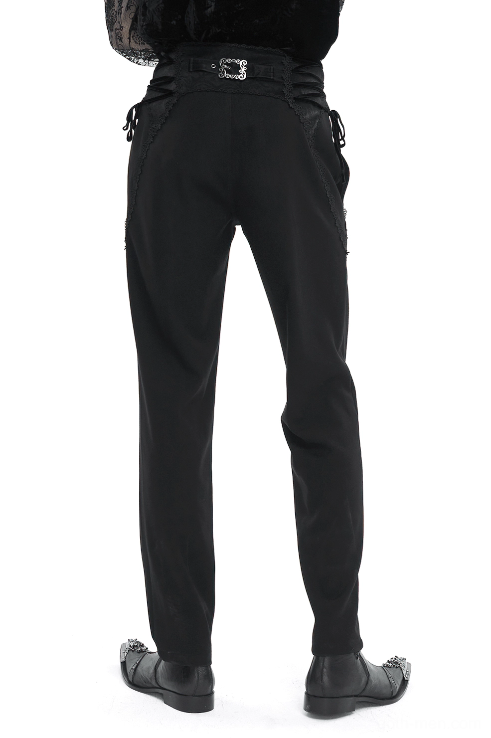 Black gothic slim-fit pants rear view showcasing decorative waist buckle and tapered straight leg silhouette