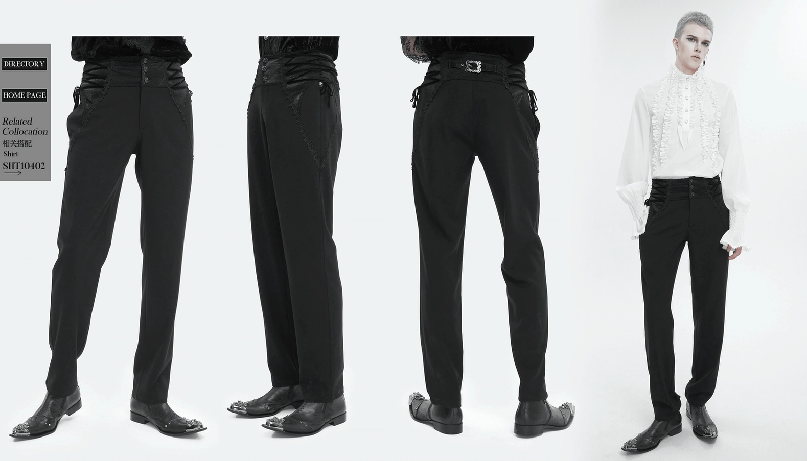 Gothic slim-fit pants styling detail featuring ornate metalwork and high-waisted cut creating commanding aesthetic presence