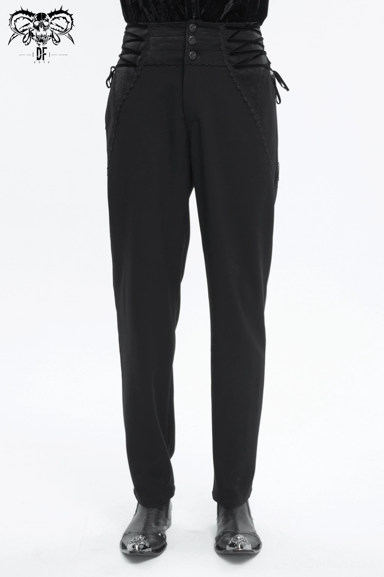 Gothic slim-fit black trousers front full-body display with high-waisted cut and Victorian-inspired lace-up waist system