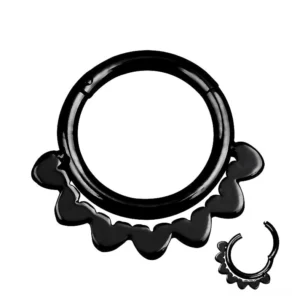 Black stainless steel gothic nose ring with hinged scalloped trim, front flat lay view